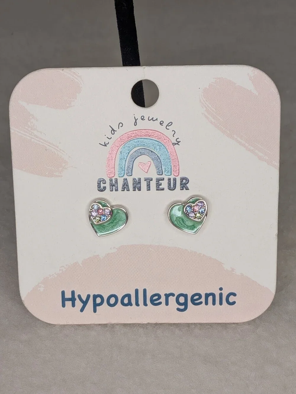 NWT Chanteur Kids Hypoallergenic Titanium Mint Green Enamel Pastel Heart Stud